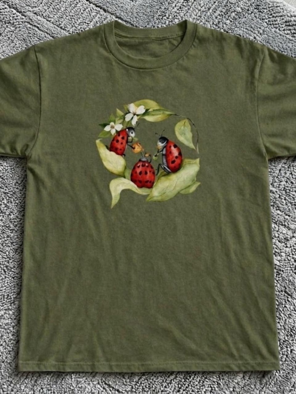 Gildan Olive Green Tee with Red Ladybug Wreath Graphic